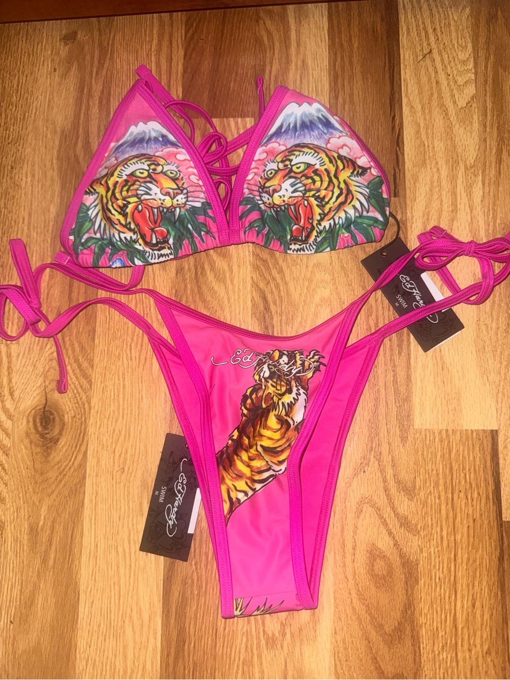 Ed Hardy Tiger & Roses 2 Piece Bikini - Hot Pink set NWT -M